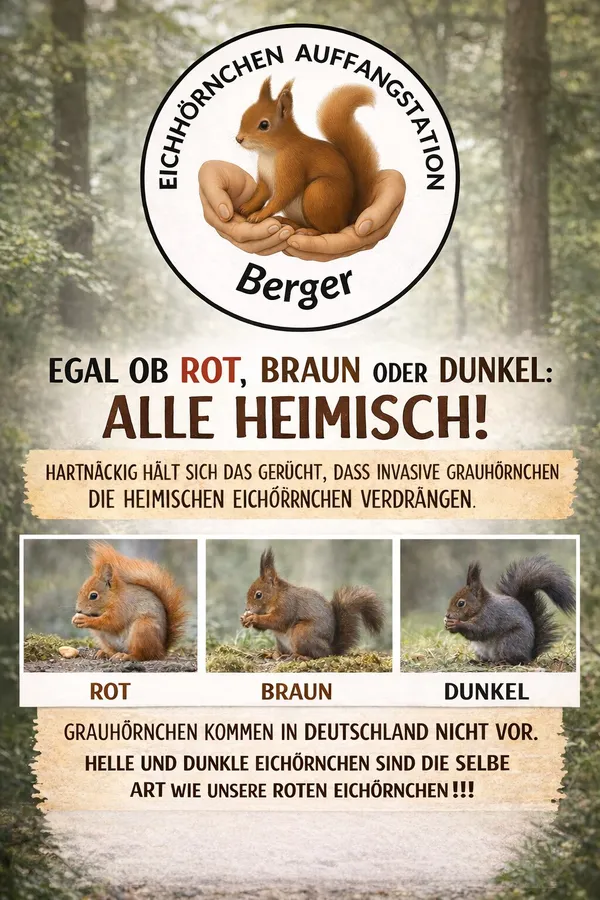 Infoblatt der Station: Egal ob rot, braun oder dunkel – alle heimisch! Hartnäckig hält sich das Gerücht, dass dunkle Grauhörnchen die heimischen Eichhörnchen verdrängen. Grauhörnchen kommen in Deutschland nicht vor.
