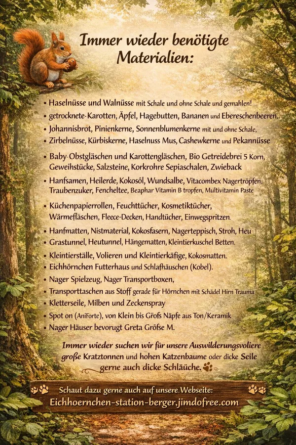 Infoblatt „Immer wieder benötigte Materialien“ mit einer ausführlichen Liste von Futter, Pflegeartikeln, Nistmaterial und Zubehör.