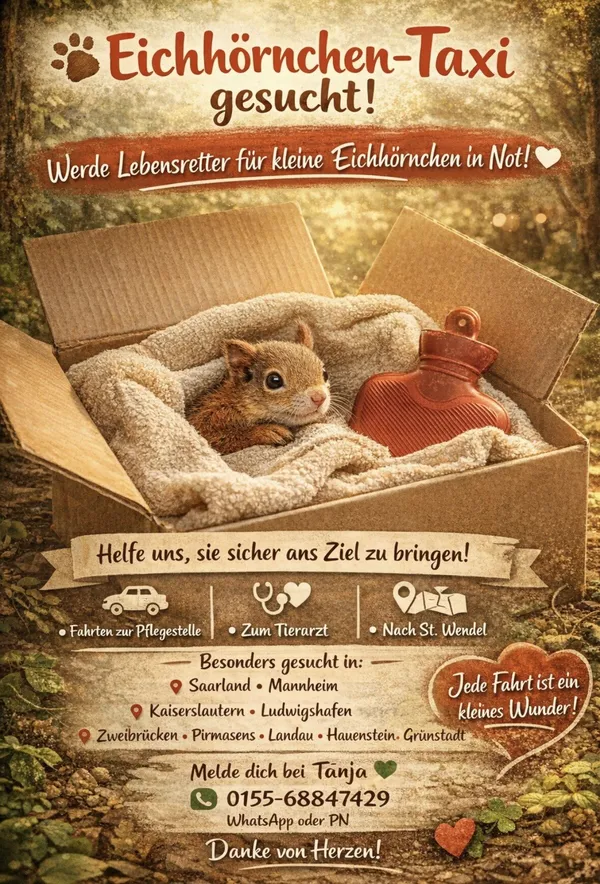 Infoblatt „Eichhörnchen-Taxi gesucht! Werde Lebensretter für kleine Eichhörnchen in Not!“ mit einem Eichhörnchen im Karton, den gesuchten Regionen und Tanjas Telefonnummer.