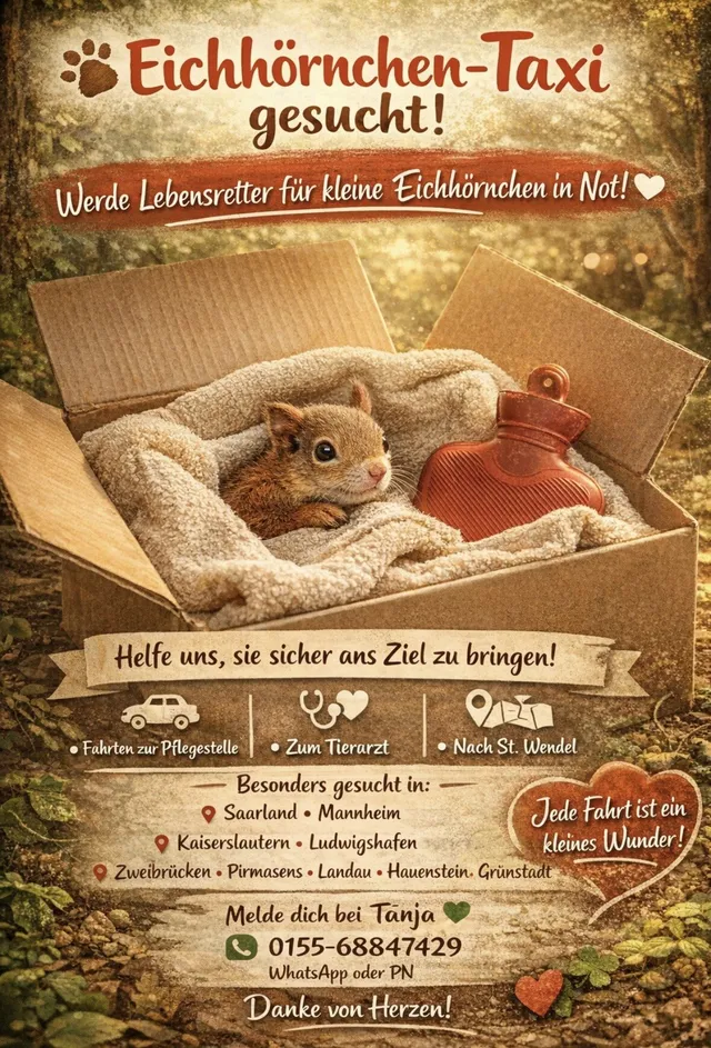Aufruf-Plakat der Station „Eichhörnchen-Taxi gesucht“ mit einem jungen Eichhörnchen in einem Karton und den gesuchten Regionen.