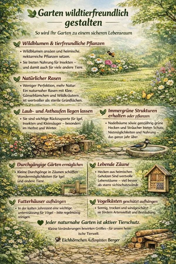 Infoblatt der Station „Garten wildtierfreundlich gestalten“ mit illustrierten Tipps zu Wildblumen, naturnahem Rasen, Laubhaufen, Wasserstellen, Hecken, Nistkästen, Insektenhotels und Igelhäusern.