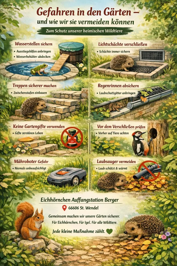 Infoblatt der Station „Gefahren in den Gärten – und wie wir sie vermeiden können“ mit illustrierten Tipps zu Wasserstellen, Lichtschächten, Treppen, Regenrinnen, Gartengiften, Mährobotern, Laubbläsern, Netzen und gelben Säcken.