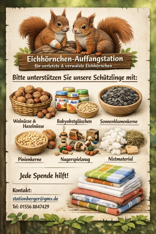 Infoblatt „Bitte unterstützen Sie unsere Schützlinge mit“: Walnüsse und Haselnüsse, Babyobstgläschen, Sonnenblumenkerne, Pinienkerne, Nagerspielzeug, Nistmaterial und Handtücher.