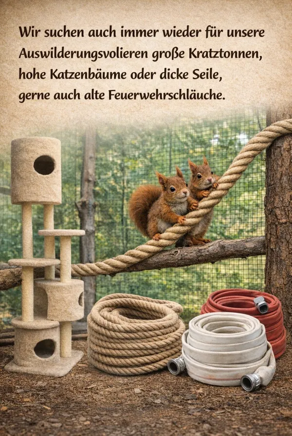 Infoblatt: Für die Auswilderungsvolieren suchen wir große Kratztonnen, hohe Katzenbäume oder dicke Seile, gerne auch alte Feuerwehrschläuche.