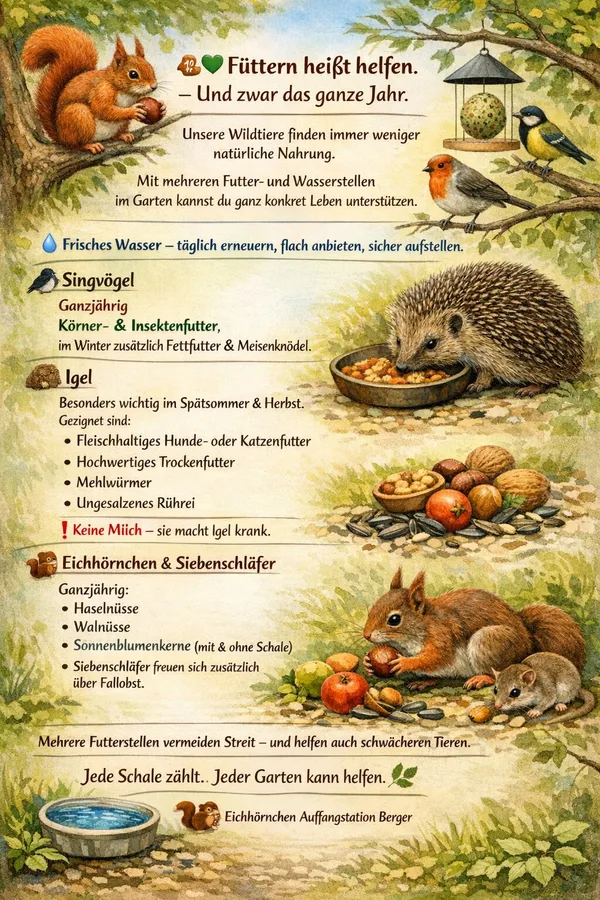 Infoblatt der Station „Füttern heißt helfen“ mit illustrierten Futterempfehlungen für Singvögel, Igel, Eichhörnchen und Siebenschläfer.
